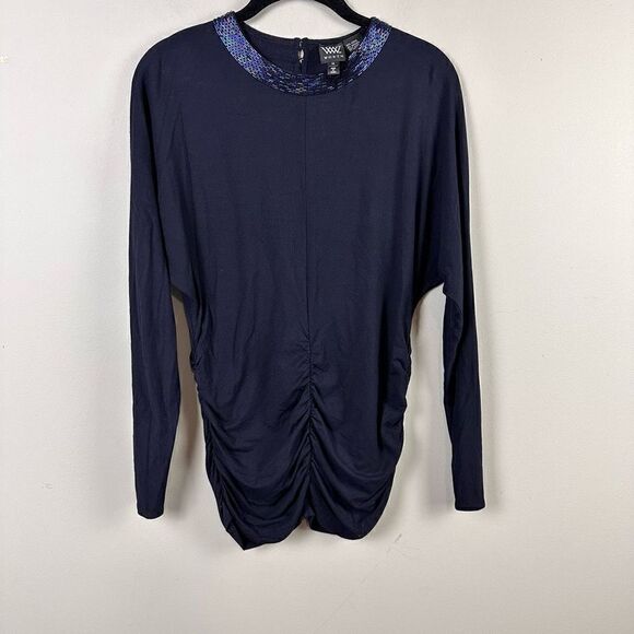 Worth beaded collar navy modal ruched bodice long sleeve top - Picture 1 of 10